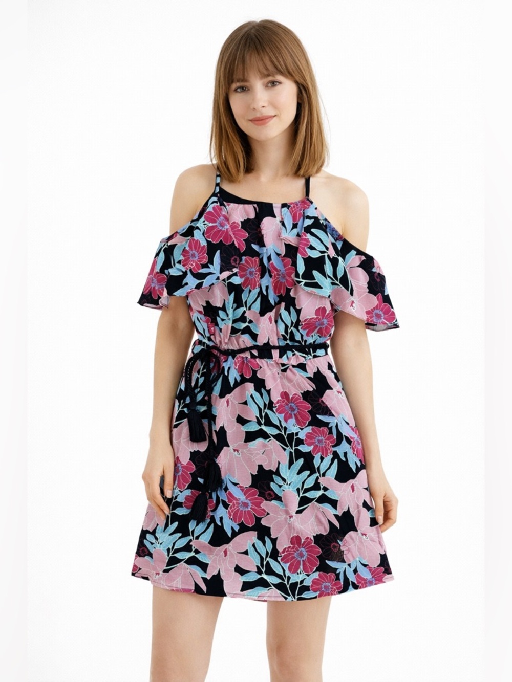 NWT Floral Cold Shoulder Mini Dress Small Takara Boho Colorful